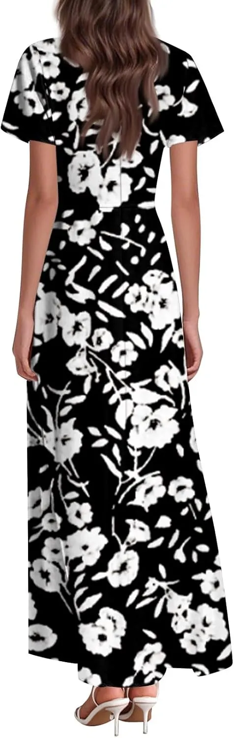 ZEFOTIM Women's Maxi Dress Party Floral Dress Short Sleeve V Neck Dresses
