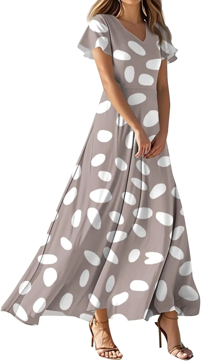 ZEFOTIM Women's Maxi Dress Party Floral Dress Short Sleeve V Neck Dresses