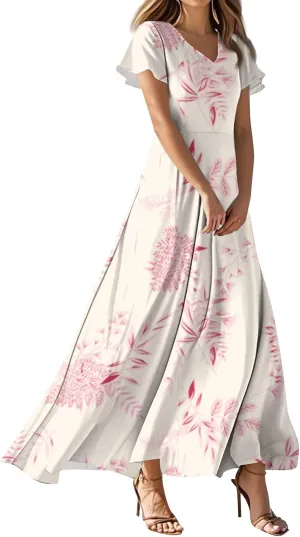 ZEFOTIM Women's Maxi Dress Party Floral Dress Short Sleeve V Neck Dresses