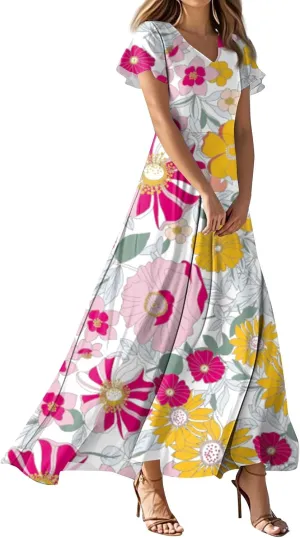 ZEFOTIM Women's Maxi Dress Party Floral Dress Short Sleeve V Neck Dresses