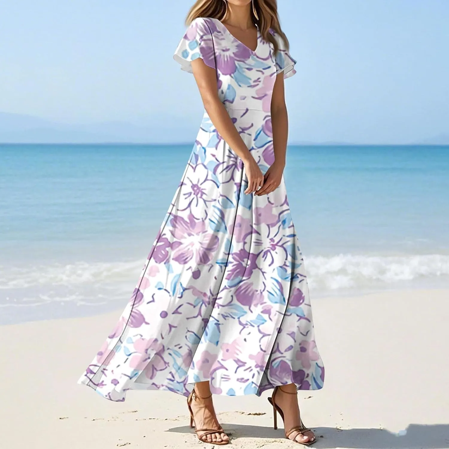 ZEFOTIM Women's Maxi Dress Party Floral Dress Short Sleeve V Neck Dresses