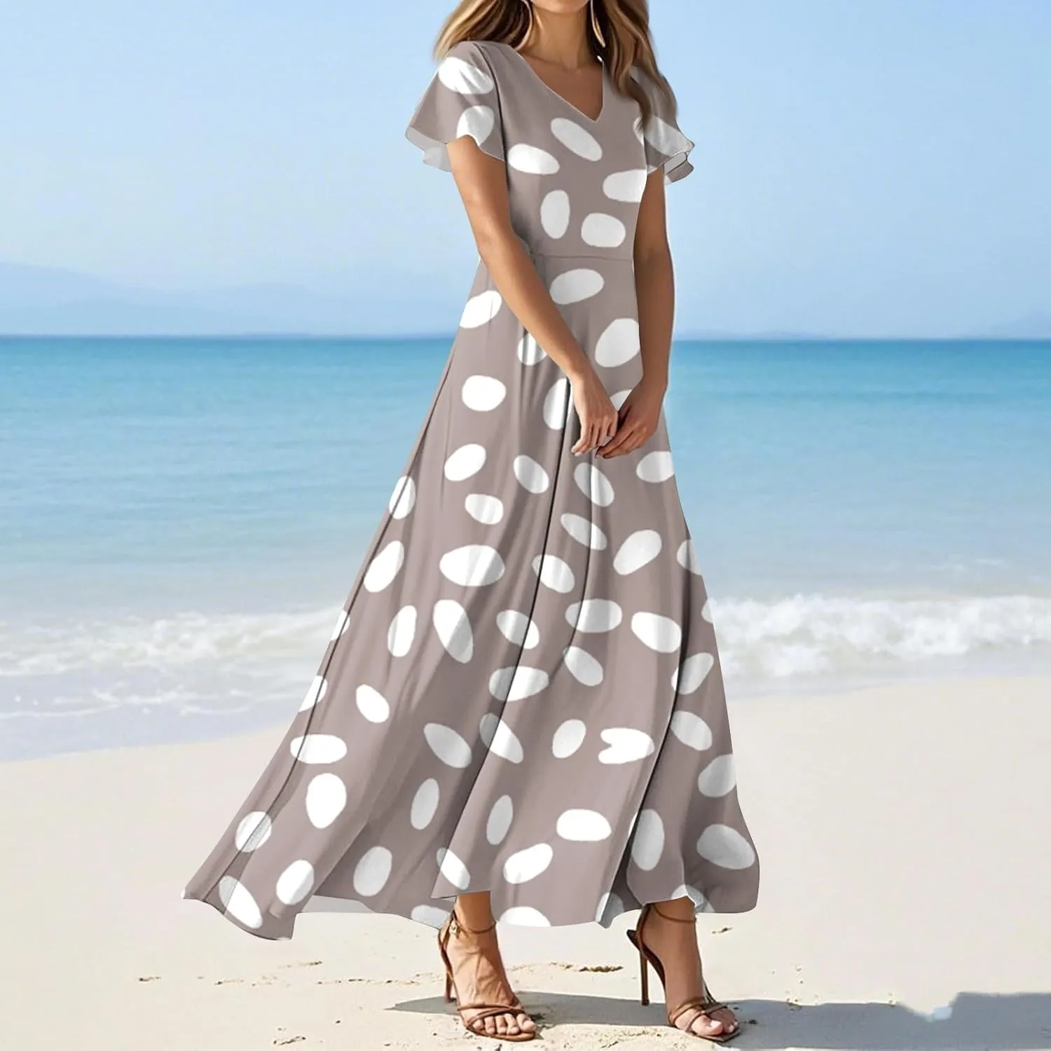 ZEFOTIM Women's Maxi Dress Party Floral Dress Short Sleeve V Neck Dresses