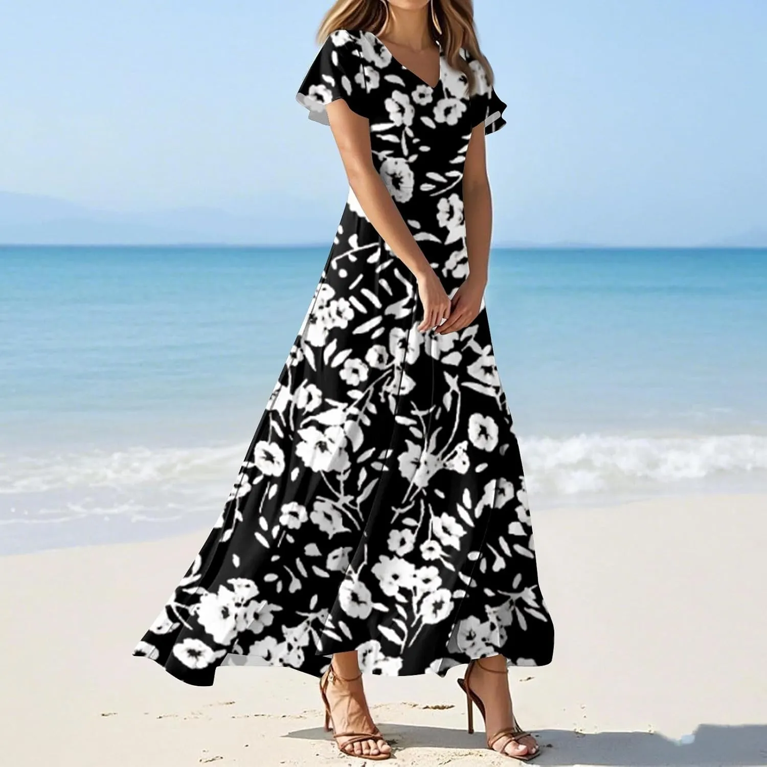 ZEFOTIM Women's Maxi Dress Party Floral Dress Short Sleeve V Neck Dresses