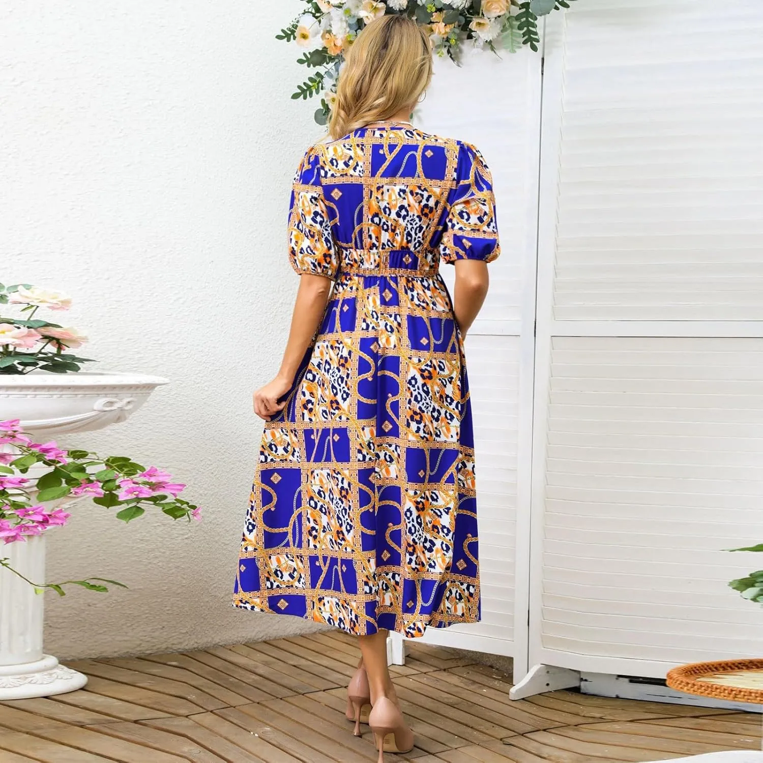 ZEFOTIM Women's Maxi Dress Trendy Floral Dress Short Sleeve V Neck Dresses