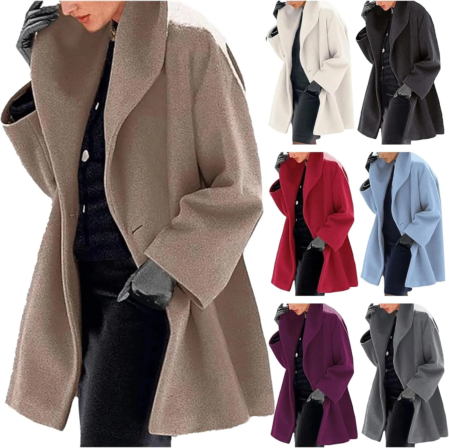 ZWRXW Womens Wool Blend Coat Single Breasted Trench Coat Open Front Shawl Collar Pea Coat Outwear Winter Solid Overcoat